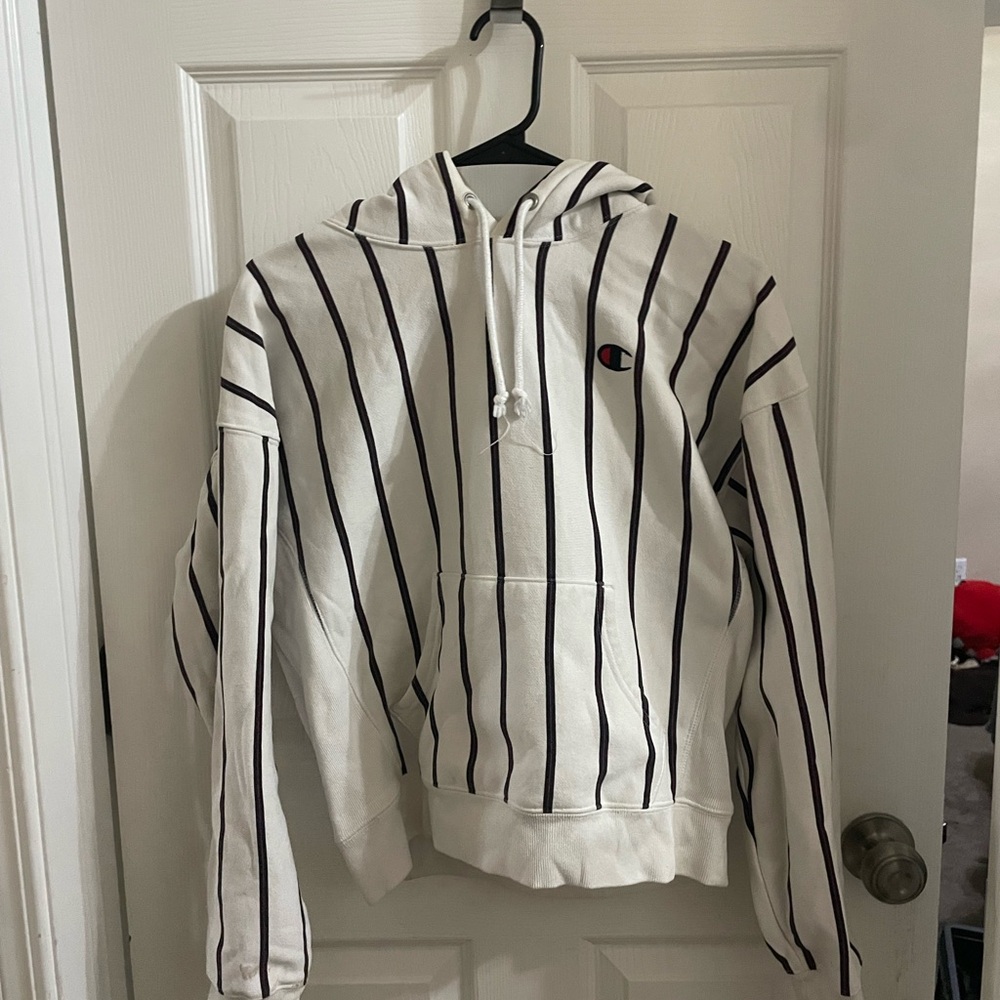Champion White Hoodie with Black Stripes